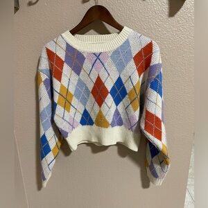 Signature8 Cream Argyle Cropped Crewneck Sweater with Red, Blue, Yellow & Purple